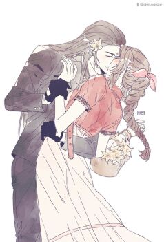 1boy 1girl aerith_gainsborough arm_around_waist bangle bindi black_gloves black_hair black_jacket black_pants black_suit blush bracelet braid braided_ponytail brown_hair closed_eyes cropped_jacket dress earrings final_fantasy final_fantasy_vii final_fantasy_vii_remake flower flower_basket forced_kiss formal_clothes gloves hair_flower hair_ornament hair_ribbon hair_slicked_back highres holding_another's_wrist jacket jewelry kiss long_dress long_hair long_sleeves pants parted_bangs pink_dress po_0823 red_jacket ribbon short_sleeves sideburns sidelocks square_enix suit sweatdrop tseng turks_(ff7) upper_body w_arms white_background yellow_flower