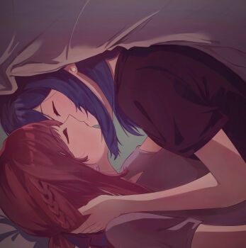 2girls black_shirt blue_hair blush braid brown_hair closed_eyes commentary earrings grey_shirt half_up_braid hashtag-only_commentary highres jewelry kiss long_hair medium_hair mim120809 miyagi_shiori multiple_girls sendai_hazuki shirt shuuniichido_classmate_wo_kau_hanashi under_covers yuri