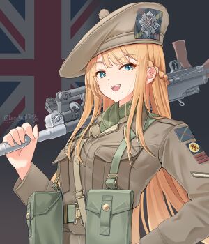 1girl absurdres ammunition_pouch artist_name belt beret blonde_hair blue_eyes breast_pocket bren_lmg british_army brown_hat brown_jacket commentary flag_background green_belt green_scarf gun hand_on_own_hip hat highres holding holding_gun holding_weapon invasion_of_normandy jacket leochan1202 light_machine_gun long_hair long_sleeves looking_at_viewer machine_gun military military_rank_insignia military_uniform open_mouth original patch pocket pouch scarf scotland shoulder_patch smile solo union_jack unit_patch upper_body weapon world_war_ii