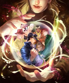 6+boys crystal_ball dark-skinned_male dark_skin dio_brando dog electricity unworn_eyewear holding holding_removed_eyewear iggy_(jojo) jean_pierre_polnareff jojo_no_kimyou_na_bouken kakyoin_noriaki kuujou_joutarou magatsumagic male_focus mohammed_avdol multiple_boys sunglasses