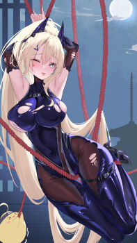 1girl ;p absurdres armpits arms_up azur_lane blonde_hair blue_bodysuit blue_eyes bodysuit bound bound_wrists breasts covered_navel facial_mark full_moon guam_(azur_lane) guam_(the_kunoichi&#039;s_dangerous_variety_show)_(azur_lane) heart heart_facial_mark high_heels high_ponytail highres large_breasts long_hair looking_at_viewer manjuu_(azur_lane) moon night night_sky ninja official_alternate_costume one_eye_closed ponytail qingmangzi red_rope rope sky sleeveless sleeveless_bodysuit star-shaped_pupils star_(symbol) symbol-shaped_pupils thigh_gap tongue tongue_out torn_bodysuit torn_clothes very_long_hair