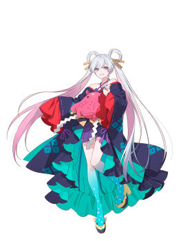 1girl bare_shoulders blue_eyes cho_kaguya-hime! full_body gradient_eyes grey_hair hair_ornament hair_rings hair_stick highres japanese_clothes kimono long_hair long_sleeves looking_at_viewer multicolored_eyes official_art pink_hair purple_kimono runami_yachiyo shoes simple_background smile solo standing tachi-e twintails umbrella very_long_hair white_background wide_sleeves yellow_shoes