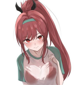 1girl bangyadesu bikini blush breasts choker closed_mouth goddess_of_victory:_nikke hairband highres large_breasts long_hair looking_at_viewer official_alternate_costume official_alternate_hair_color official_alternate_hairstyle ponytail rapi_(nikke) rapi_(red_hood)_(nikke) rapi_(red_hood)_(red_flavor)_(nikke) red_bikini red_eyes red_hair shirt smile solo swimsuit