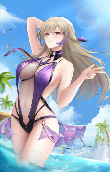 1girl absurdres arm_behind_head arm_up bare_shoulders bird blonde_hair blue_sky braid breasts chinese_commentary cleavage closed_mouth cloud collarbone commentary_request cowboy_shot day hair_between_eyes hair_ribbon highres large_breasts lens_flare looking_at_viewer marian_andreotti multicolored_hair navel ocean official_alternate_costume outdoors palm_tree purple_nails purple_slingshot_swimsuit purple_streaks ribbon see-through_clothes see-through_skirt showgirl_skirt shuo_bian_yue sidelocks skirt sky slingshot_swimsuit snowbreak:_containment_zone solo standing streaked_hair swimsuit tree two-tone_hair v wading water_drop