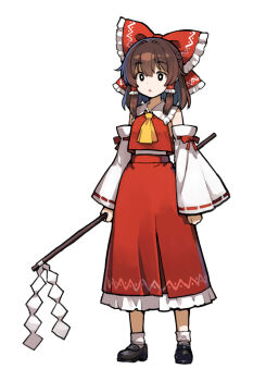 Rule 34 | 1girl, asakura maru, ascot, bare shoulders, black eyes, black shoes, bow, brown hair, collared shirt, commentary request, detached sleeves, frilled bow, frilled hair tubes, frilled shirt collar, frilled skirt, frills, full body, gohei, hair bow, hair tubes, hakurei reimu, highres, holding, holding gohei, medium hair, nontraditional miko, open mouth, red bow, red ribbon, red shirt, red skirt, ribbon, ribbon-trimmed sleeves, ribbon trim, shirt, shoes, simple background, skirt, sleeveless, sleeveless shirt, socks, solo, standing, touhou, white background, white sleeves, white socks, wide sleeves, yellow ascot