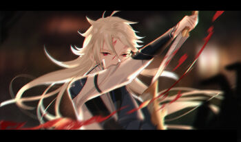 Rule 34 | 1boy, antenna hair, arm guards, armor, black border, black shirt, blonde hair, blood, blood on face, blood splatter, bloody knife, blue jacket, blurry, border, chinese commentary, covered mouth, dagger, depth of field, hand up, holding, holding dagger, holding knife, holding weapon, implied murder, indoors, jacket, knife, lapels, letterboxed, li ai, long hair, long sleeves, looking at viewer, male focus, motion blur, multicolored jacket, official alternate costume, outstretched arm, parted bangs, pov, pov hands, red eyes, reverse grip, shirt, shoulder armor, shoulder guard, sleeve garter, solo, squirrel fish (the tale of food), the tale of food, two-tone jacket, upper body, very long hair, weapon, white jacket