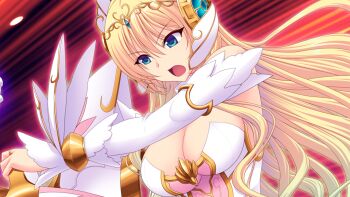 1girl :o attack bare_shoulders blonde_hair blue_eyes bracelet breasts cleavage detached_sleeves dress en_ciel_rena en_ciel_rena_(laelith) floating_hair game_cg gem hair_between_eyes hair_ornament headdress headgear headpiece holding holding_shield holding_sword holding_weapon jewelry kourin_tenshi_en_ciel_rena large_breasts large_variant_set long_hair long_sleeves magical_girl non-web_source official_art open_mouth red_background ring saitou_natsuki shield solo strapless strapless_dress suhamaya sword tiara tomoe_rena upper_body v-shaped_eyebrows variant_set very_long_hair weapon white_dress white_sleeves