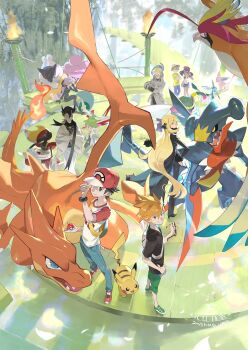 1996 3girls 6+boys 6+others alolan_form alolan_muk anabel_(pokemon) baseball_cap bisharp black_coat black_hair black_shirt blonde_hair blue_oak charizard closed_mouth coat colress_(pokemon) cynthia_(pokemon) dexio_(pokemon) e_volution espeon fire fur-trimmed_coat fur-trimmed_sleeves fur_collar fur_trim gallade garchomp gen_1_pokemon gen_2_pokemon gen_4_pokemon gen_5_pokemon gen_7_pokemon glaceon green_shorts grey_eyes grimsley_(pokemon) hair_ornament hat highres holding holding_poke_ball holding_removed_eyewear legendary_pokemon looking_at_viewer mega_charizard_y mega_gallade mega_garchomp mega_pidgeot mega_pokemon multiple_boys multiple_girls multiple_others nintendo pants pidgeot pikachu pointy_hair poke_ball poke_ball_(basic) pokemon pokemon_(creature) pokemon_sm raikou red_(pokemon) shirt shoes short_hair shorts signature sina_(pokemon) smile sunglasses torch tree unworn_eyewear wally_(pokemon)
