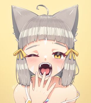 1girl ahoge alten animal_ears blunt_bangs blush cat_ears chest_jewel commentary dated_commentary english_commentary facial_mark grey_hair highres nia_(fancy_sundress)_(xenoblade) nia_(xenoblade) official_alternate_costume one_eye_closed open_mouth portrait short_hair simple_background sleepy solo teeth tongue xenoblade_chronicles_(series) xenoblade_chronicles_2 yawning yellow_background yellow_eyes