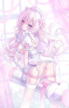 1girl animal_ear_fluff animal_ears artist_name ass bandaid bandaid_on_arm bikini blurry blurry_background blush bow breasts breasts_out cat_ears cat_girl closed_mouth commentary_request dress finger_to_mouth fishnet_thighhighs fishnets frilled_gloves frills garter_straps gloves hair_bow hair_ornament hairclip hat heterochromia highres large_breasts long_hair looking_at_viewer looking_back momochi_chia nurse nurse_cap original panties parallel_hairclips pink_bow pink_hair purple_eyes red_eyes short_sleeves signature solo swimsuit syringe tail thighhighs underwear white_dress white_gloves white_panties