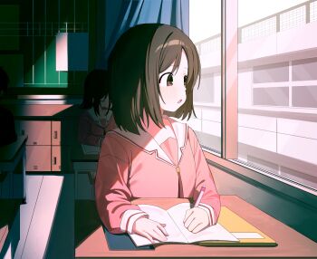 3girls :o absurdres azumanga_daioh's_school_uniform azumanga_daiou brown_eyes brown_hair classroom curtains desk highres kasuga_ayumu kyamimasita long_sleeves looking_outside mechanical_pencil medium_hair multiple_girls pencil pink_shirt sailor_collar school school_desk school_uniform serafuku shirt sidelighting solo_focus window