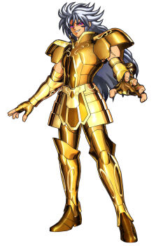 1boy armor evil_face full_armor gauntlets gemini_saga gold gold_saint highres long_hair male_focus official_art red_eyes saint_seiya saint_seiya:_brave_soldiers shoulder_pads smile solo white_hair