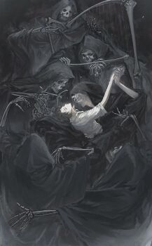 Rule 34 | 2boys, alternate costume, black cloak, bone instrument, brown hair, cloak, closed eyes, closed mouth, collared shirt, dancing, dark, grey hair, hand on another's back, harp, hashtag-only commentary, highres, holding, holding hands, holding instrument, holding lyre, holding violin, hood, hood up, hooded cloak, ikari shinji, instrument, looking at another, lyre, male focus, multiple boys, music, nagisa kaworu, neon genesis evangelion, playing instrument, shirt, short hair, skeleton, violin, white shirt, zhiwukafuka