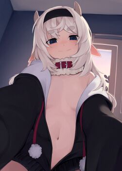 1girl absurdres adversarial_noise black_hairband black_jacket blue_eyes collar commentary commission english_commentary flat_chest hairband highres horns indoors jacket long_hair long_sleeves looking_at_viewer naked_jacket navel no_bra open_clothes open_jacket original pointy_ears pom_pom_(clothes) pov reaching reaching_towards_viewer sheep_girl sheep_horns single_off_shoulder smile solo stomach thick_eyebrows white_hair window yoako