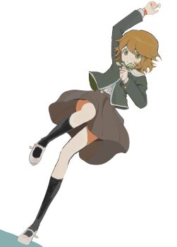 1boy arm_up black_socks brown_eyes brown_hair crossdressing danganronpa:_trigger_happy_havoc danganronpa_(series) fujisaki_chihiro hairstarfish highres jacket long_sleeves male_focus neck_ribbon pleated_skirt ribbon shirt shirt_tucked_in shoes short_hair simple_background skirt socks standing standing_on_one_leg teeth trap white_background