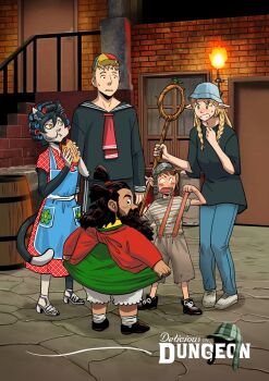 2girls 3boys animal_ears apron barrel beard black_fur black_hair black_sailor_collar black_shirt black_shorts blonde_hair blue_apron blue_pants body_fur braid brown_hair brown_shirt brown_shorts cat_ears cat_girl cat_tail chilchuck_tims chilindrina chilindrina_(cosplay) cosplay don_ramon don_ramon_(cosplay) dona_florinda dona_florinda_(cosplay) dress dungeon_meshi dwarf eating el_chavo el_chavo_(cosplay) el_chavo_del_ocho elf facial_hair green_dress green_hat hat highres izutsumi kikomauriz laios_touden long_beard long_hair marcille_donato multicolored_hat multiple_boys multiple_girls pants pointy_ears quico quico_(cosplay) red_dress red_sweater sailor_collar senshi_(dungeon_meshi) shirt short_twintails shorts stairs striped_clothes striped_shirt suspenders sweatdrop sweater t-shirt tail torch torta twin_braids twintails two-tone_shirt white_shirt window yellow_eyes