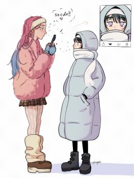 Rule 34 | 2girls, alien stage, alternate costume, black boots, black hair, black pantyhose, blue gloves, blue hair, boots, brown boots, brown skirt, cellphone, coat, commentary, earrings, english commentary, fur jacket, gloves, green eyes, grey coat, hands in pockets, headband, heart, highres, holding, holding phone, jacket, jewelry, leg warmers, mizi (alien stage), multicolored hair, multiple girls, pantyhose, phone, pink hair, pink jacket, puffy coat, purple eyes, scarf, skirt, smartphone, speech bubble, sua (alien stage), taking picture, thought bubble, two-tone hair, white headband, white leg warmers, white scarf, winter clothes, yoogeki