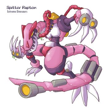 1other character_request claw_pose claws dinosaur highres karakatodzo mecha mechanical_arms mechanical_legs mechanical_tail mega_man_(series) non-humanoid_robot overalls oxygen_tank pink_overalls raptor robot robot_animal simple_background slouching squatting tail white_background yellow_eyes