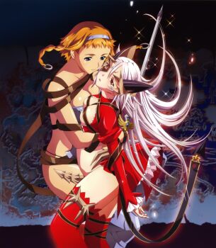 2girls absurdres aldra_(queen's_blade) aldra_(queen's_blade) belt_bra blonde_hair blue_eyes braid breasts cleavage exiled_warrior_leina eyepatch hairband highres leina_(queen's_blade) leina_(queen's_blade) long_hair map multiple_girls queen's_blade queen_aldra red_eyes rin-sin short_hair side_braid silver_hair sword thighhighs twin_braids weapon yuri