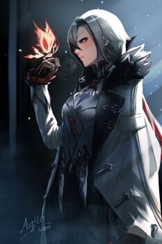 1girl absurdres agito_(agitoishere) arlecchino_(genshin_impact) blush bug butterfly coat cold genshin_impact grey_hair highres insect light_particles red_eyes solo