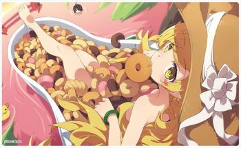 1boy 1girl araragi_koyomi arm_rest artist_name bare_shoulders barefoot bath bathing bathtub black_hair blonde_hair blurry blush blush_stickers bow bracelet choco_fashion chocolate-covered_food chocolate_donut closed_mouth completely_nude donut eating feet food food_in_mouth french_cruller from_above from_behind from_side hat hat_bow hat_ribbon in_food jewelry leg_up long_hair looking_at_viewer monogatari_(series) mouth_hold nude ogipote old-fashioned_donut oshino_shinobu outstretched_leg palm_leaf partially_submerged pink_donut pointy_ears reclining ribbon ringed_eyes rubber_duck second-party_source single_blush_sticker slit_pupils solo solo_focus straw_hat toes very_long_hair water white_ribbon yellow_eyes