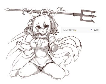 Rule 34 | 1girl, alternate costume, asymmetrical wings, barefoot, blush, bow, bowtie, breasts, commentary, greyscale, highres, holding, holding polearm, holding weapon, houjuu nue, korean commentary, korean text, large breasts, looking at viewer, monochrome, open mouth, panties, pointy ears, polearm, rampa93, sitting, sketch, smile, solo, toes, touhou, translation request, trident, underwear, v, weapon, wings