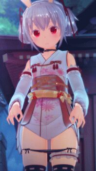 1girl 3d animal_ears animated animated_gif black_panties china_dress chinese_clothes clothes_lift dress dress_lift extra_ears fake_animal_ears female_focus frilled_thigh_strap from_below japanese_clothes kakuno kimono looking_at_viewer lowres original panties panty_pull rabbit_ears red_eyes silver_hair solo thigh_strap thighhighs underwear yukata