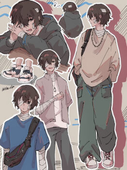 1boy alternate_costume bandage_on_neck bandage_over_one_eye bungou_stray_dogs commentary_request dazai_osamu_(bungou_stray_dogs) full_body gauze gauze_on_cheek green_pants grey_hoodie hiba_riko highres hood hoodie jewelry looking_to_the_side male_focus multiple_views necklace one_eye_covered outline pants shoes short_hair standing twitter_username walking white_outline