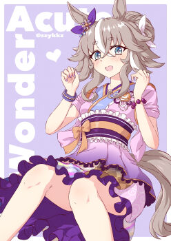 1girl absurdres alternate_costume animal_ears blue_eyes blush bow breasts ear_bow ear_ornament grey_hair hair_between_eyes hair_bun hair_ornament heart highres horse_ears horse_girl horse_tail japanese_clothes kimono long_hair looking_at_viewer medium_breasts multicolored_hair open_mouth pink_kimono purple_bow purple_kimono sash short_sleeves smile solo streaked_hair szykkz tail umamusume wonder_acute_(umamusume)