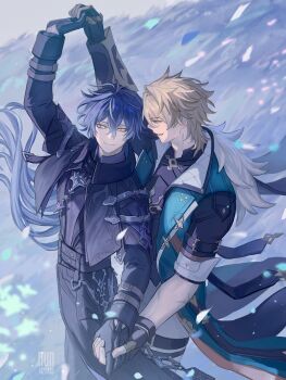 2boys absurdres black_gloves blonde_hair blue_hair closed_mouth commentary_request crossed_bangs flins_(genshin_impact) fur_trim genshin_impact gloves highres holding_hands jacket long_hair long_sleeves looking_at_viewer male_focus multiple_boys nun1425485 open_clothes open_jacket open_mouth scar scar_on_arm sleeves_rolled_up smile varka_(genshin_impact) yaoi yellow_eyes