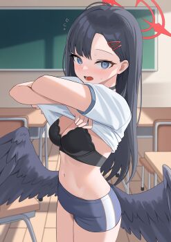 1girl alternate_costume black_bra black_choker black_hair black_wings blue_archive blue_shorts blush bra chalkboard choker classroom clothes_lift commentary_request desk embarrassed feathered_wings guntree gym_shirt gym_shorts gym_uniform hair_ornament hairclip halo highres ichika_(blue_archive) indoors long_hair looking_at_viewer low_wings navel red_halo school_desk shirt shirt_lift shorts solo underwear unusually_open_eyes wings