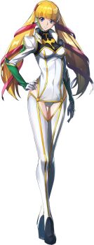 1girl blonde_hair blue_eyes blunt_bangs breasts code_geass code_geass:_genesic_re;code covered_navel full_body gloves hair_ribbon headset highres long_hair mecha_pilot_suit medium_breasts monica_kruszewski official_art red_ribbon ribbon solo twintails white_gloves