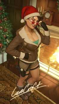 1girl adjusting_eyewear black_gloves boots brown_boots brown_eyes brown_hair brown_jacket brown_shorts character_name christmas christmas_tree dalejomej fingerless_gloves fire fireplace gloves gun handgun hat highres holster indoors jacket lara_croft looking_at_viewer one_eye_closed red-tinted_eyewear red_hat round_eyewear santa_hat short_shorts shorts signature solo thigh_holster tinted_eyewear tomb_raider weapon weapon_request