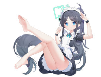 1girl apron aqua_halo aris_(blue_archive) aris_(maid)_(blue_archive) arm_up ass bare_legs barefoot black_dress black_hair blue_archive blue_eyes blue_pupils blue_ribbon closed_mouth collared_dress commentary curled_fingers dress feet full_body halo hand_up high_ponytail highres knees_up legs legs_up light_blush long_hair long_sidelocks looking_at_viewer maid maid_apron middle_part mofan_sama neck_ribbon nose_shade official_alternate_costume official_alternate_hairstyle parted_hair petticoat plantar_flexion ponytail puffy_short_sleeves puffy_sleeves reclining rectangular_halo ribbon ringed_eyes salute short_dress short_sleeves sidelocks simple_background smile soles solo split_mouth tareme upskirt variant_set very_long_hair white_background white_headdress wristband