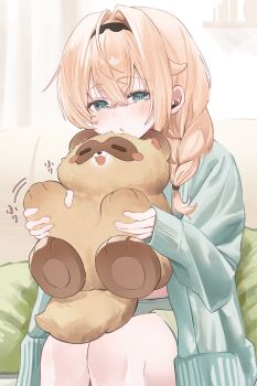 1girl :d absurdres blonde_hair blush braid chin_rest commentary_request green_eyes head_on_head head_rest highres hololive kazama_iroha long_hair long_sleeves looking_at_viewer open_mouth pokobee ru_airasuto sitting smile solo tanuki virtual_youtuber