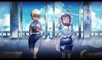 2girls arms_up blue_eyes blue_hair blue_skirt blue_sky bottle brown_eyes brown_hair camera chi_no cloud cloudy_sky collared_shirt commentary_request highres holding holding_camera long_hair multiple_girls original shirt short_hair short_sleeves skirt sky smile white_shirt window