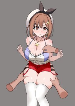 1girl 2boys amadeuslight atelier_(series) atelier_ryza bare_shoulders beret black_bow blue_shirt blush bow breasts brown_eyes brown_hair cleavage clothes_pull hair_between_eyes hair_bow hat jewelry large_breasts legs_together multiple_boys necklace red_shorts reisalin_stout shirt shirt_pull short_shorts shorts simple_background thick_thighs thigh_grab thighhighs thighs white_hat white_thighhighs