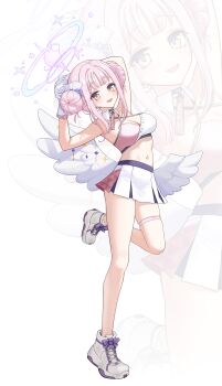 Rule 34 | 1girl, absurdres, angel wings, arm up, blue archive, blush, breasts, cheerleader, cleavage, commentary request, crop top, detached collar, double bun, feathered wings, flower, gloves, hair bun, hair flower, hair ornament, halo, highres, looking at viewer, low wings, medium breasts, mika (blue archive), moragon584, navel, open mouth, ouendan, pink hair, pink halo, shoes, skirt, smile, solo, standing, standing on one leg, stomach, thick thighs, thigh strap, thighs, white gloves, white shoes, white skirt, white wings, wing ornament, wings, yellow eyes