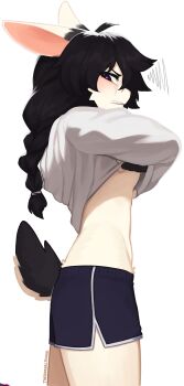 1girl absurdres ahoge animal_ears annoyed artist_name black_eyes black_gloves black_hair black_shorts blush braid commentary cowboy_shot dog_ears dog_girl dog_tail english_commentary from_side furry furry_female gloves grey_sweater highres long_hair original shorts simple_background solo squiggle sweater tail teeth undressing white_background yoako