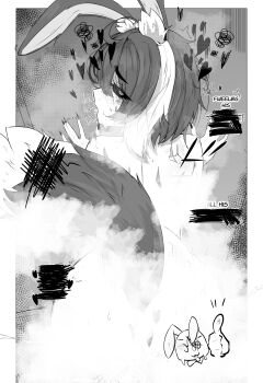 1girl absurdres animal_ear_fluff animal_ears artist_self-insert black_hair black_sclera colored_sclera convenient_censoring english_text greyscale highres mayoa mayochan monochrome rabbit_ears rabbit_girl screentones solo steam steam_censor