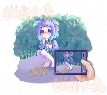 1girl antennae blue_eyes blue_hair blush bush cellphone clothes_pull embarrassed grass green_skirt grid grid_background holding holding_phone kongyin_qingzhi loli long_sleeves looking_at_viewer multicolored_hair original peeing phone puddle purple_hair purple_shirt recording shirt short_hair skirt skirt_pull smartphone smile squatting sweat thighhighs tissue two-tone_hair wet wet_clothes wet_thighhighs white_background white_thighhighs