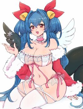 1girl angel_wings asymmetrical_wings bare_shoulders bell blue_hair bow bra breasts chemaru_(a8l) christmas cleavage collar collarbone commentary_request covered_erect_nipples detached_sleeves dizzy_(guilty_gear) frilled_bra frills fur-trimmed_sleeves fur_trim groin guilty_gear hair_between_eyes hair_intakes hair_ornament hair_ribbon hair_rings highres jingle_bell large_breasts long_hair looking_at_viewer midriff mini_wings navel open_mouth panties pink_bow pink_collar red_eyes red_ribbon ribbon see-through_clothes see-through_skirt sidelocks simple_background skindentation skirt snowflakes solo tail thick_thighs thigh_strap thighhighs thighs twintails underwear white_background white_panties white_thighhighs wings
