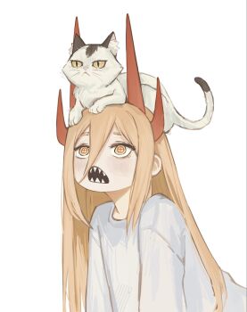 1girl animal animal_on_head blonde_hair cat cat_on_head chainsaw_man cross-shaped_pupils demon_girl demon_horns highres horns long_hair meowy_(chainsaw_man) on_head power_(chainsaw_man) red_horns sharp_teeth shirt simple_background solo symbol-shaped_pupils tarinne teeth white_background white_shirt yellow_eyes
