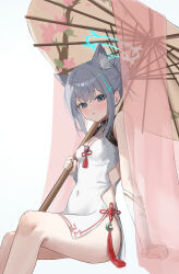 Rule 34 | 1girl, absurdres, alternate costume, animal ear fluff, animal ears, bare shoulders, blue archive, blue eyes, blue halo, blush, breasts, china dress, chinese clothes, closed mouth, commentary request, covered navel, cross hair ornament, dress, grey hair, hair ornament, halo, highres, holding, holding umbrella, looking at viewer, mismatched pupils, neranainerune, oil-paper umbrella, ponytail, shiroko (blue archive), sidelocks, simple background, sitting, sleeveless, sleeveless dress, small breasts, tassel, thighs, umbrella, white background, wolf ears