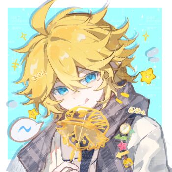 Rule 34 | 1boy, :q, ahoge, alternate costume, aotu world, artist name, badge, blonde hair, blue background, blue eyes, border, chinese commentary, closed mouth, commentary request, emoji, food, grey scarf, hair between eyes, highres, holding, holding food, jacket, king (aotu world), licking lips, looking at viewer, male focus, pointy ears, qiyu1125king, scarf, short hair, smile, solo, sparkle, speech bubble, star (symbol), tongue, tongue out, upper body, watermark, watermark grid, white jacket, winter clothes