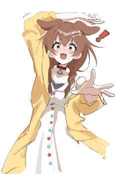 ! 1girl :3 :d arm_up bone_hair_ornament braid brown_eyes brown_hair commentary_request dress hair_ornament highres hololive inugami_korone inugami_korone_(1st_costume) jacket looking_at_viewer medium_hair mocchan_(mo_chan0225) open_mouth smile solo twin_braids virtual_youtuber white_background white_dress yellow_jacket