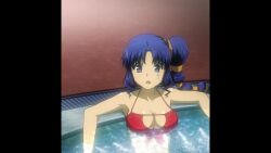 1girl animated anime_screenshot bikini blue_hair bouncing_breasts bra breasts cleavage freezing_(series) hairdressing highres large_breasts long_hair multiple_girls panties rana_linchen red_bra red_panties smile standing swimming swimsuit tagme tattoo underwater underwear video