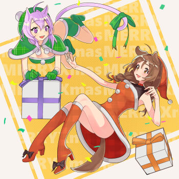 2girls :d absurdres animal_ears bare_arms bare_shoulders boots border box braid brown_eyes brown_hair capelet cat_ears cat_girl cat_tail christmas commentary_request confetti dog_ears dog_girl dog_tail double-parted_bangs dress eye_contact full_body fur-trimmed_dress fur_trim gift gift_box gloves green_capelet green_gloves green_ribbon green_shorts hair_between_eyes ham3c hand_up high_heel_boots high_heels highres hololive inugami_korone knee_boots long_hair looking_at_another merry_christmas multiple_girls nekomata_okayu open_mouth outside_border outstretched_arm purple_eyes purple_hair red_boots red_dress ribbon santa_costume short_dress short_hair shorts sleeveless sleeveless_dress smile tail tail_ornament tail_ribbon text_background twin_braids virtual_youtuber white_border yellow_background