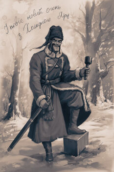 1boy bare_tree blood boots box coat cossack cossack_(polish_anon) explosive facial_hair forest_diver grenade grin hat highres historical_connection historical_event holding holding_sheath holding_sword holding_weapon kholodny_yar_republic looking_at_viewer male_focus monochrome mustache original poem scabbard second-party_source sheath signature smile snow snowing soldier stielhandgranate sword teeth translated tree ukraine ukrainian_text weapon winter winter_clothes winter_coat winter_uniform world_war_i