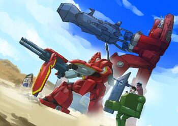 2boys absurdres brown_hair character_request cloud copyright_request crossover densetsu_kyojin_ideon facial_hair galient gun gundam gundam_08th_ms_team highres holding holding_gun holding_weapon ideon k_katora kikou-kai_galient mecha mecha_request multiple_boys mustache parody robot science_fiction shining_shoot_(pose) sky standing topless_male weapon white_headwear